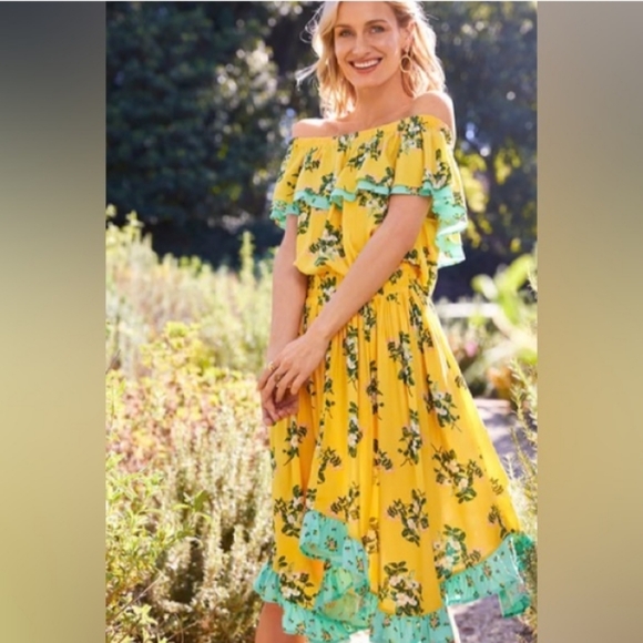 Matilda Jane Dresses & Skirts - MATILDA JANE Gold & Aqua Floral Ruffled Off Shoulder Dress | L
